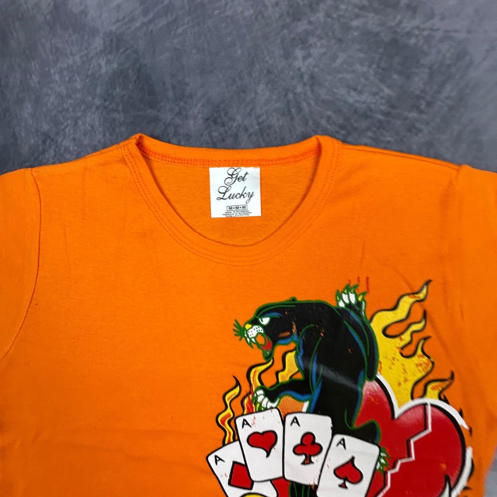 Get Lucky Orange Panther Graphic T-Shirt Y2K Slim Fit Baby Tee Mens Medium - Picture 5 of 7